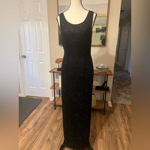 Black Beaded Column Gown Maxi Dress Sleeveless Slit Formal Evening Gala M